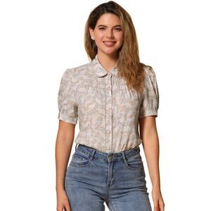 Peter Pan Collar Contrast Trim Puff Sleeve Peasant Floral Shirt Beige